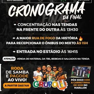 CHEGOU NOSSO DIA! ☠️ <>

Contamos com a ajuda de todos para chegarem cedo e fazermos a maior rua de fogo da história!

Domingo não é só mais um dia... É um dia que demorou 13 anos para acontecer novamente, vamos juntos fazer essa festa histórica. Chegue cedo, viva esse dia de Orgulho Mixtense!

👇

Pagode a partir das 14h

Rua de Fogo - 15h

Término Pagode - 16h

Entrada no estádio - 16h15

---

Pós jogo (19h) com som da Carretinha do Marllon

#mixto #final #torcidabocasuja #arquibancada #torcidaorganizada