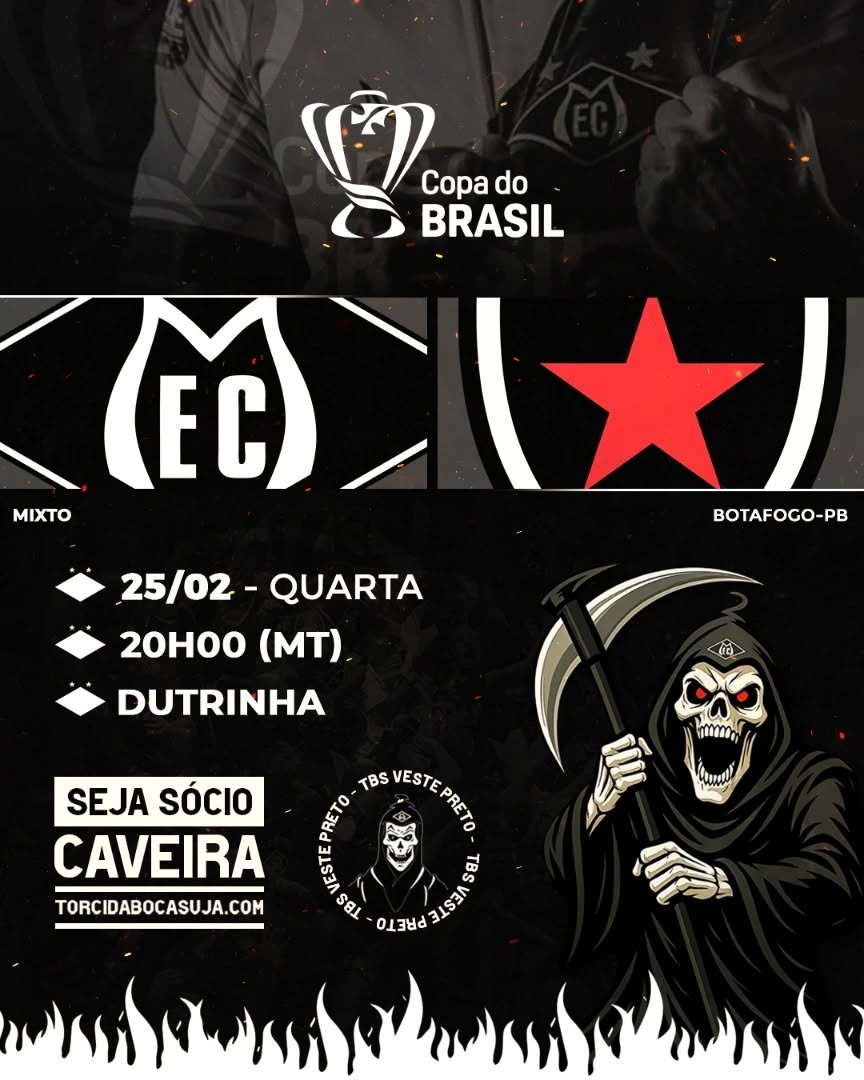 🔥 COPA DO BRASIL 🔥

Embalado e motivado pela classificação para a final do Campeonato Mato-grossense, o Mixto enfrenta o Botafogo da Paraíba pela Copa do Brasil. A partida vale classificação para a terceira fase da competição. Bora Mixtooooo!

⚽ Mixto x Botafogo/PB
🗓️ 25/02/2026
🕠 20h00
🏟️ Dutrinha
⏩ Copa do Brasil
⏩ Segunda-Fase (Jogo único)

#Mixto #CopadoBrasil #TorcidaBocaSuja #TorcidaOrganizada #copabr