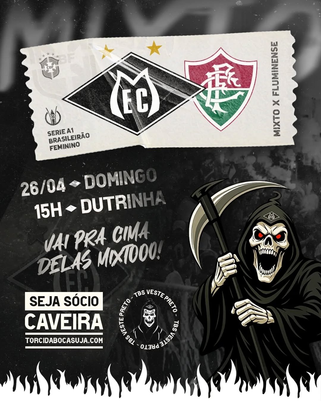 As tigresas voltam ao Dutra pelo Brasileirão A1! 

⚠️ SANGUE NO OLHO JOGADORAS! ⚠️

⚽ Mixto x Fluminense
🗓️ 26/04/2026
🕠 15h00
🏟️ Dutrinha
⏩ Brasileirão A1

#Mixto #FutebolFeminino #TorcidaBocaSuja #TorcidaOrganizada #arquibancada