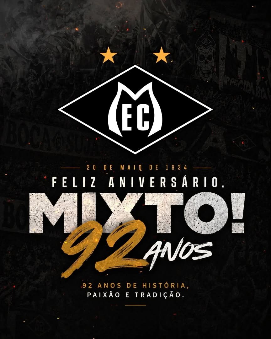 92 anos de história, tradição, luta e paixão. ⚫️⚪️

Desde 20 de maio de 1934, o Mixto Esporte Clube carrega a alma do povo mato-grossense dentro de campo e está presente no coração de milhares de apaixonados.

São décadas de glórias, resistência e identidade. Uma camisa que atravessa gerações e transforma arquibancada em religião, estádio em casa e torcida em família.

Nós, da Torcida Boca Suja, temos orgulho de fazer parte dessa caminhada. Estar ao lado do Mixto não é apenas torcer. É carregar uma história, defender uma tradição e honrar um sentimento que nunca se apagou e nunca se apagará!

Parabéns, Mixto Esporte Clube. Nós te amamos!

#Mixto #Mixtec #TorcidaBocaSuja #Futebol #Matogrosso