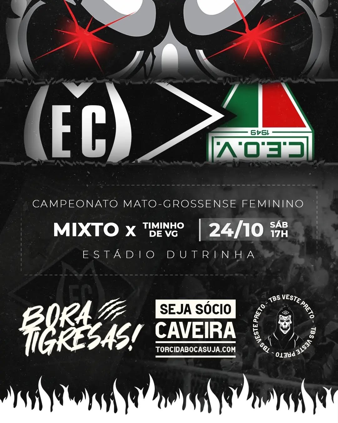As tigresas voltam ao Dutra e precisam da vitória para continuarem vivas em busca da classificação para a finalíssima! Sábado (24), às 17h.

⚽ Mixto x Timinho de VG
🗓️ 24/10/2026
🕠 17h00 (MT)
🏟️ Dutrinha
⏩ Mato-grossense

#Mixto #FutebolFeminino #TorcidaBocaSuja #TorcidaOrganizada #arquibancada