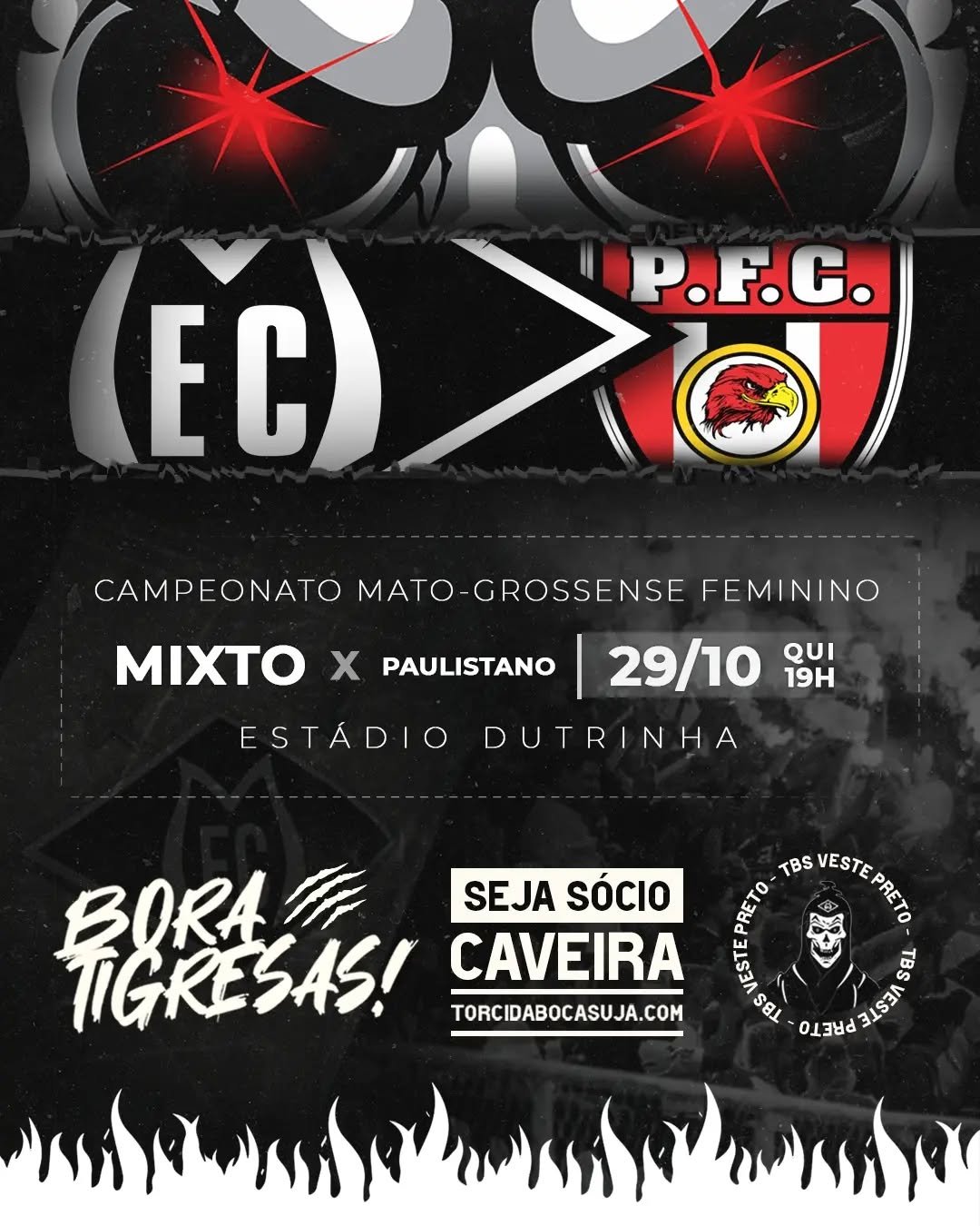 Mais um duelo das tigresas no Dutra em busca da classificação para a finalíssima! Quinta (29), às 19h.

⚽ Mixto x Paulistano
🗓️ 29/10/2026
🕠 19h00 (MT)
🏟️ Dutrinha
⏩ Mato-grossense

#Mixto #FutebolFeminino #TorcidaBocaSuja #TorcidaOrganizada #Arquibancada