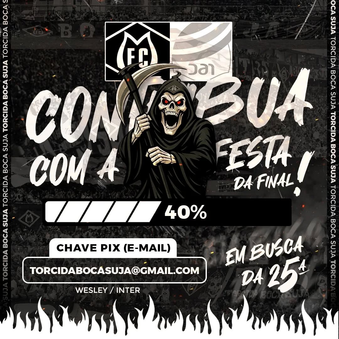 Chegamos na final e a nossa festa tem que ser à altura da nossa história!

Já garantimos parte dos itens, mas ainda faltam R$ 2.500,00 para fecharmos tudo o que planejamos. A boa notícia? Já batemos 40% da meta!

Precisamos de cada um de vocês para completar essa barra de progresso. Qualquer valor faz a diferença na hora de empurrar o time rumo à 25ª!

Chave PIX (E-mail): torcidabocasuja@gmail.com
Wesley / Inter

#Mixto #Final #TorcidaBocaSuja #Arquibancada #torcidaorganizada
